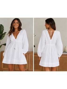 Zara NWT $59 Bright White 52% Linen Blend Womans M Vneck Tunic Mini Dress Size M